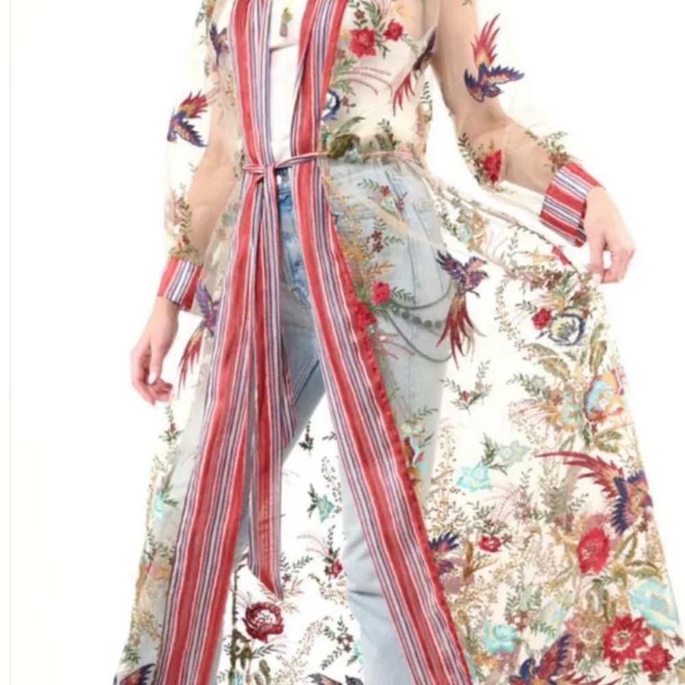 Aratta Sheer Floral Kimono Jade Embroidered Mesh Topper large - Picture 4 of 4